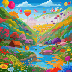 Fototapeta na wymiar serene landscape featuring a river, forest, and vibrant summer scenery, including fish swimming in the water, flowers blooming, and a sunny sky
