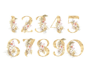 Watercolor Boho numbers set, digit 1,2,3,4,5,6, 7,8, 9, Gold, Black table number illustration with dried flower, tropical, leaves, palm, roses, orchid, terracotta, bouquet composition.Bohemian wedding
