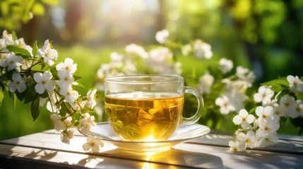 Foto op Plexiglas Glass cup with natural jasmine tea on wooden table among blooming jasmine branches outdoor in garden, close-up, selective focus. © junky_jess