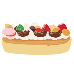 Vector illustration of a delicious birthday cake with chocolate cream, cherries, strawberries, and festive decorations, perfect for a sweet celebration or party dessert