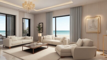 Fototapeta premium Sofa near blank picture frame on white wall of living room in modern house or luxury hotel. Cozy home interior 3d rendering with beach and sea view
