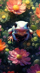 Illustration of a vibrant painting featuring a charming frog surrounded by a colorful field of blooming flowers created with Generative AI technology