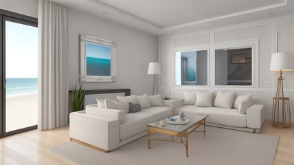 Sofa near blank picture frame on white wall of living room in modern house or luxury hotel. Cozy home interior 3d rendering with beach and sea view