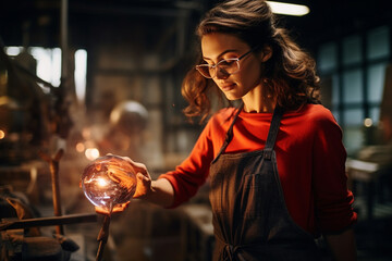 Woman artist working in a glass blowing shop.