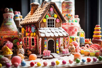 Fun gingerbread house decorated by kids for Christmas season. 