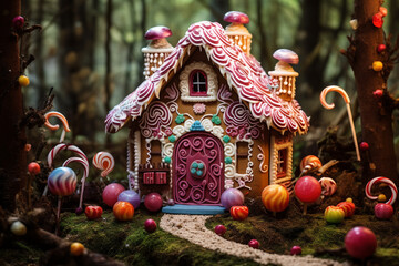 Story book candy house deep in a forest. 