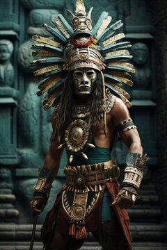 Powerful Aztec warrior in costume. 