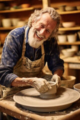 Happy elderly man creating pots on a pottery wheel. 