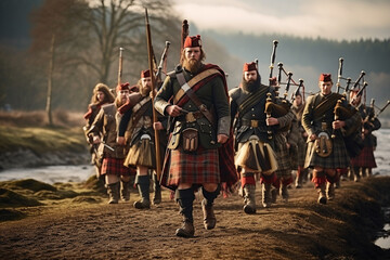 Scottish warriors heading into battle in the highlands. 