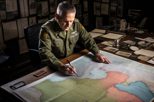 Military officer reviewing maps during battle. 