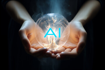 Artificial Intelligence brain light in hands, hyper realistic, beautiful futuristic light,