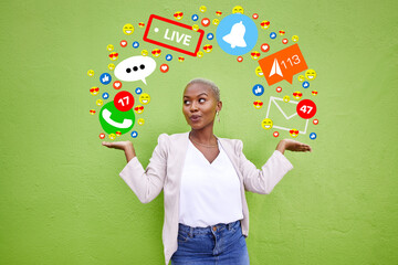 Social media, icon or connection with a woman at wall for emoji, live streaming app or message. African person hands for online chat, notification or network communication overlay on green background