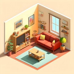 Fototapeta premium Three dimensional render of corner of colorful modern living room, cozy, comfortable, design, 3d model, illustration, view from top, nordic, green plants eco, pastel colors, furniture, concept project