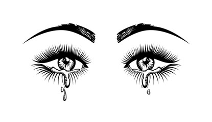 Vector  illustration with crying eyes.  Women's  Eyes on isolated background.