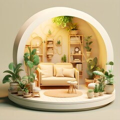 Three dimensional render of corner of colorful modern living room, cozy, comfortable, design, 3d model, illustration, view from top, nordic, green plants eco, pastel colors, furniture, concept project