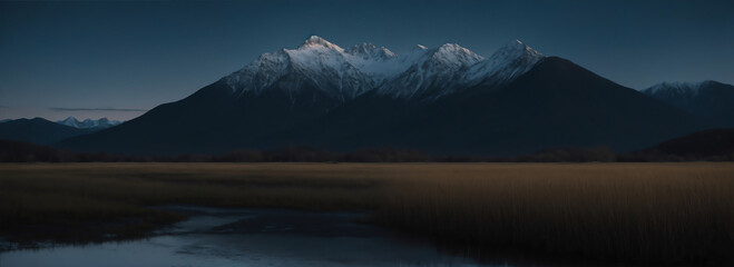 Marsh with mountain background at night from Generative AI - Powered by Adobe