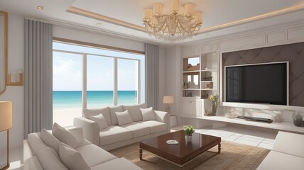 Sofa near blank picture frame on white wall of living room in modern house or luxury hotel. Cozy home interior 3d rendering with beach and sea view