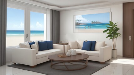 Sofa near blank picture frame on white wall of living room in modern house or luxury hotel. Cozy home interior 3d rendering with beach and sea view