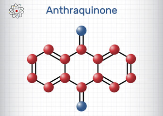 Anthraquinone, anthracenedione or dioxoanthracene molecule. It is aromatic organic compound, quinone class. Structural chemical formula, molecule model. Sheet of paper in a cage. Vector