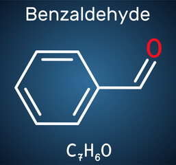 Benzaldehyde, benzoic aldehyde molecule. It is simplest aromatic aldehyde with odor of bitter almond. Structural chemical formula on the dark blue background. Vector