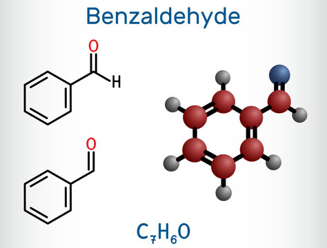 Benzaldehyde, benzoic aldehyde molecule. It is simplest aromatic aldehyde with odor of bitter almond. Structural chemical formula, molecule model. Vector
