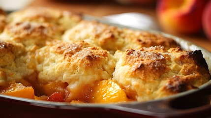 Delicious and indulgent peach cobbler with a buttery biscuit topping - obrazy, fototapety, plakaty
