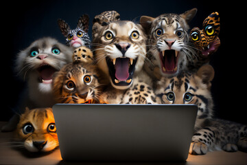 shocked expressions of various animals when they watching the laptop in front of them, the laptop has its back to the camera, animals eyes looking at laptop, bright light from laptop screen, lion, 
