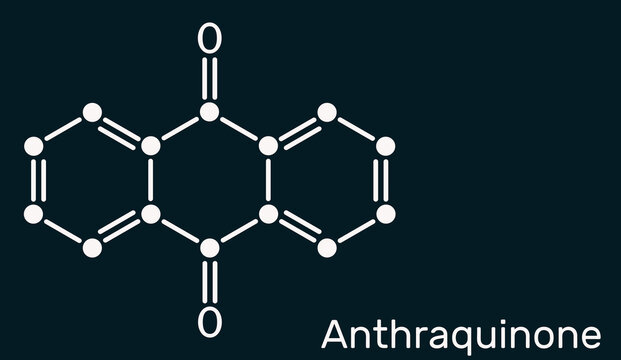 Anthraquinone, anthracenedione or dioxoanthracene molecule. It is aromatic organic compound, quinone class. Skeletal chemical formula on the dark blue background.