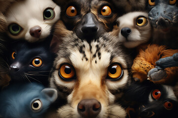 shocked expressions of various animals when they watching the laptop in front of them, the laptop has its back to the camera, animals eyes looking at laptop, bright light from laptop screen, lion, 