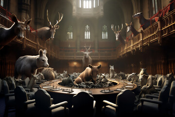  various animals meeting in giant parliament room, a lion king make a presentation, laptops on the table, lion, giraffe, tiger, deer, monkey, crocodile, birds, wolf, elephant, bulls, owl,