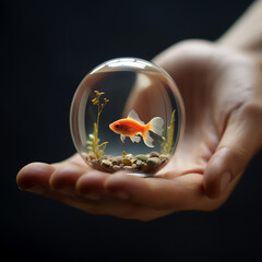 red betta fish swim in hand with clear water with point of view angle, hyper realistic, beautiful dreammy light.