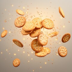 Fototapeta na wymiar Flying crispy crackers on a light background. Generative AI.