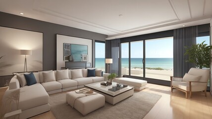 Sofa near blank picture frame on white wall of living room in modern house or luxury hotel. Cozy home interior 3d rendering with beach and sea view