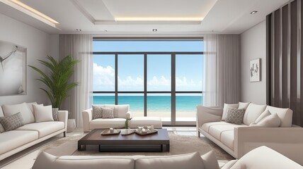 Sofa near blank picture frame on white wall of living room in modern house or luxury hotel. Cozy home interior 3d rendering with beach and sea view
