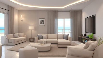 Sofa near blank picture frame on white wall of living room in modern house or luxury hotel. Cozy home interior 3d rendering with beach and sea view