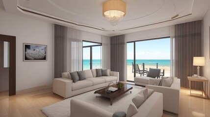 Sofa near blank picture frame on white wall of living room in modern house or luxury hotel. Cozy home interior 3d rendering with beach and sea view