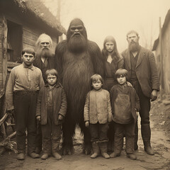 1890s old family photo with a bigfoot creature - obrazy, fototapety, plakaty
