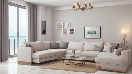 Sofa near blank picture frame on white wall of living room in modern house or luxury hotel. Cozy home interior 3d rendering with beach and sea view