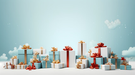 Christmas background with sky, clouds and presents