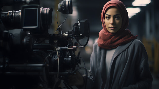 Arafed Woman In Hijab Standing In Front Of A Camera Generative AI