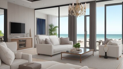 Sofa near blank picture frame on white wall of living room in modern house or luxury hotel. Cozy home interior 3d rendering with beach and sea view