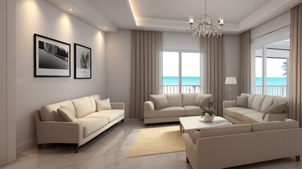 Naklejka na ściany i meble Sofa near blank picture frame on white wall of living room in modern house or luxury hotel. Cozy home interior 3d rendering with beach and sea view