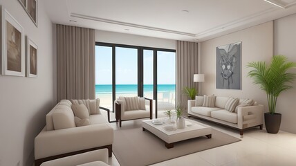 Sofa near blank picture frame on white wall of living room in modern house or luxury hotel. Cozy home interior 3d rendering with beach and sea view