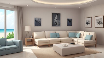 Fototapeta na wymiar Sofa near blank picture frame on white wall of living room in modern house or luxury hotel. Cozy home interior 3d rendering with beach and sea view