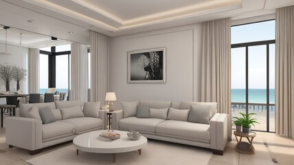 Sofa near blank picture frame on white wall of living room in modern house or luxury hotel. Cozy home interior 3d rendering with beach and sea view