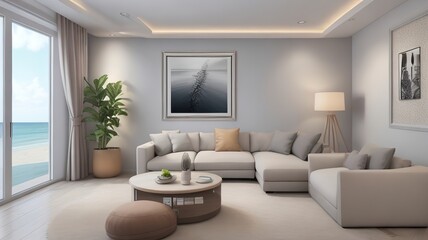 Sofa near blank picture frame on white wall of living room in modern house or luxury hotel. Cozy home interior 3d rendering with beach and sea view