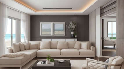 Sofa near blank picture frame on white wall of living room in modern house or luxury hotel. Cozy home interior 3d rendering with beach and sea view