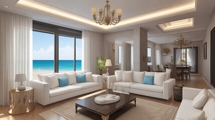 Sofa near blank picture frame on white wall of living room in modern house or luxury hotel. Cozy home interior 3d rendering with beach and sea view