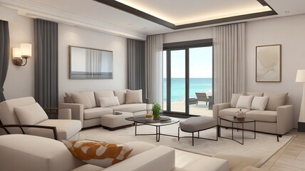 Sofa near blank picture frame on white wall of living room in modern house or luxury hotel. Cozy home interior 3d rendering with beach and sea view