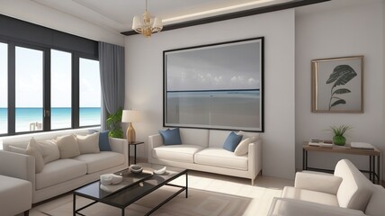 Sofa near blank picture frame on white wall of living room in modern house or luxury hotel. Cozy home interior 3d rendering with beach and sea view